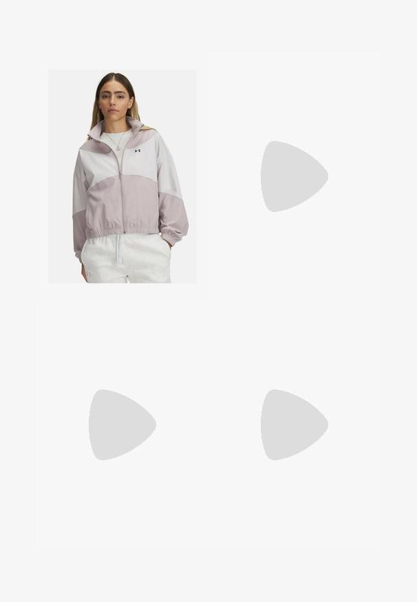 Lahka jakna na zadrgo v sivkasto-lavandnem in belem barvnem bloku, z visokim ovratnikom in elastičnimi manšetami na rokavih ter spodnjem robu.; Bela prilegajoča majica s kratkimi rokavi, kombinirana z lahkimi hlačami z elastičnim pasom v svetlo zeleni barvi. Gladka tekstura, minimalistična zasnova in brez vidnih vzorcev.; Bordo legice iz raztegljivega materiala; visok pas, prilegajoča zasnova, gladka tekstura, brezšivno šivanje in brez vidnih vzorcev ali dodatkov.; Bela športna teniska z mrežastim zgornjim delom z teksturo in sistemom vezalk, ki ima oblazinjen beli podplat in subtilne rebraste detajle.