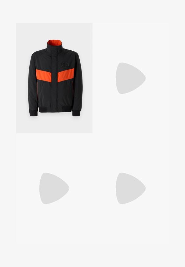 Black jacket with orange horizontal stripe, high collar, elastic cuffs, and a logo patch on the chest. Smooth texture and lightweight material.; White cotton t-shirt with short sleeves, ribbed crew neckline, and a small gray "BELSTAFF" logo on the left chest area.; Dark gray joggers with a soft texture, elastic waistband, drawstring closure, and side seams featuring contrasting accents. Wide-leg design.; Black athletic sneaker featuring a mesh upper with perforations, a textured midsole in cream, and a rubber outsole for traction.