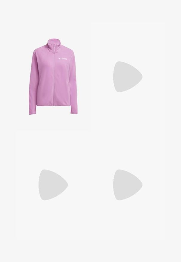 Veste en polaire rose avec col montant et fermeture éclair. Présente un logo sur la poitrine et des poches latérales. Texture douce et coupe décontractée.; T-shirt noir à manches courtes fabriqué en tissu léger. Il présente un col rond et un petit logo "TERREX" blanc sur la poitrine.; Shorts de sport violets clairs avec une ceinture élastique noire, des poches latérales et un logo "TERREX" blanc en bas à gauche.; Chaussure de course violette avec tige en maille respirante, logo "TERREX" en évidence, semelle intermédiaire blanche et semelle extérieure en caoutchouc noir avec accents rouges.