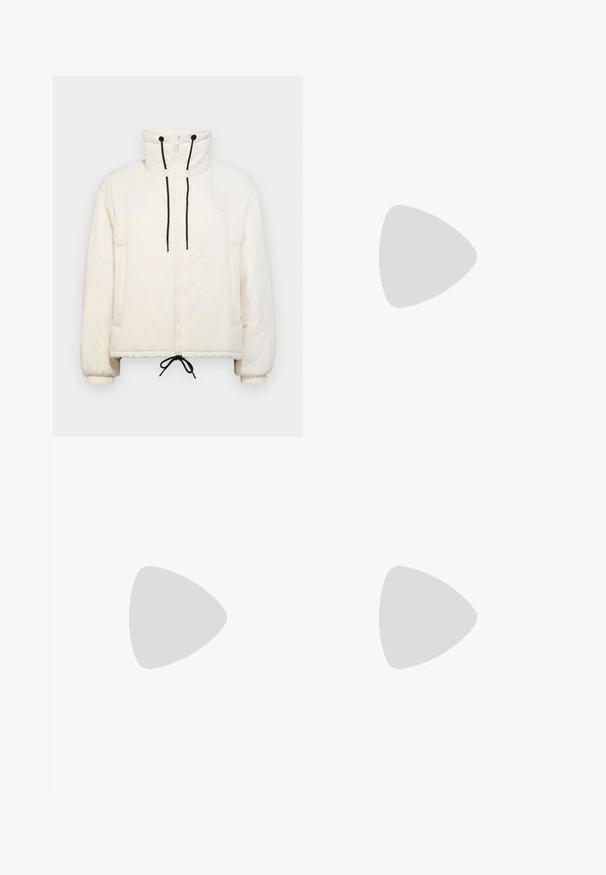 Puffer jacket in cream with a high collar, zip closure, black drawstrings, and elastic cuffs. Features side pockets and a boxy shape.; Gray long-sleeve shirt with a round neck, featuring yellow heart patterns along the sleeves and a small printed logo on the front.; Dark denim wide-leg pants with a high waist, featuring a front button closure and two side pockets. Smooth texture, no visible patterns.; White leather platform loafers with a thick black rubber sole, featuring a rounded toe and minimal decorative stitching.