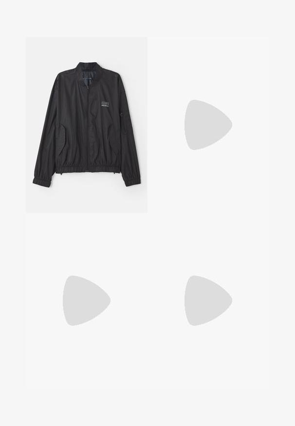 Black lightweight bomber jacket with a stand-up collar, elastic cuffs, and two front pockets. Features a zip closure and subtle logo detail.; Black short-sleeve cotton T-shirt with round neck and attached white product tags hanging from the collar on a plain white background.; Dark brown, textured trousers with a loose fit, featuring a belted waist and a tag attached via a metal loop. Flat front and straight legs.; White leather sneaker with a smooth finish, round toe, flat laces, and a textured sole. Features a subtle logo on the heel.