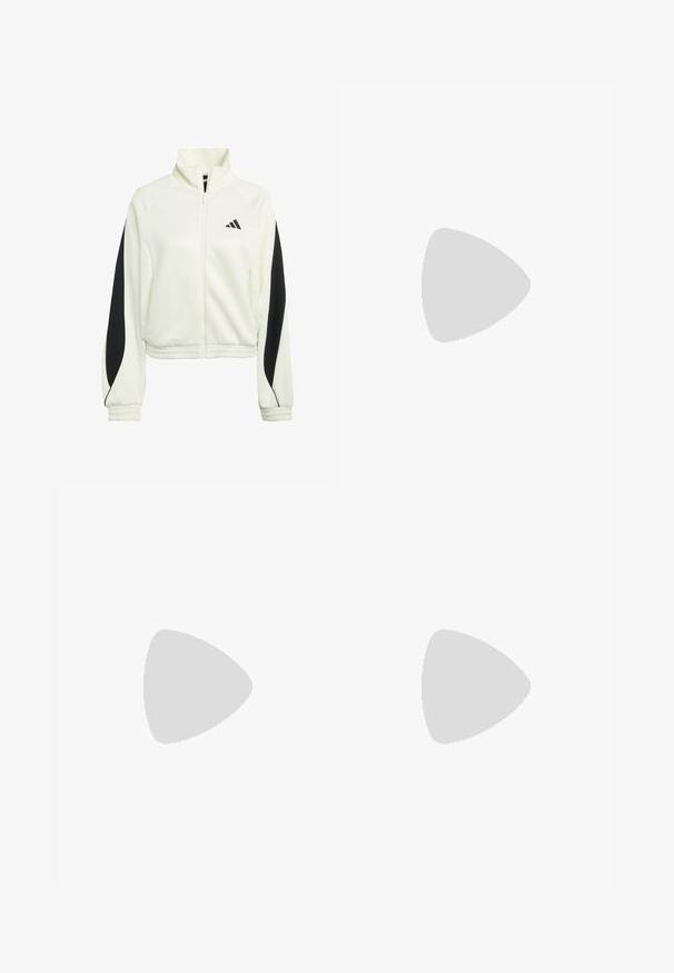 Giacca bianca con zip e pannelli neri accentati, polsini a coste e un collo alto. Presenta il logo Adidas sulla parte sinistra del petto.; T-shirt a maniche corte blu navy realizzato in tessuto morbido, con scollatura rotonda e un piccolo logo all'angolo superiore sinistro del petto.; Leggings sportivi blu realizzati in tessuto elasticizzato. Design a vita alta, con un logo Adidas bianco sul lato sinistro. Texture liscia.; Sneaker platform con una toma superiore in suede azzurro chiaro e accenti in pelle bianca. Presenta tre strisce bianche e una spessa suola bianca.