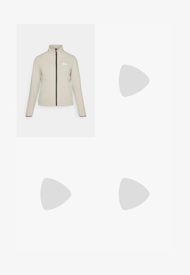 Light beige jacket with a high collar, full front zipper, and black accent stitching. Features a logo on the chest and long sleeves.; Navy blue athletic t-shirt with short sleeves, featuring a ribbed texture and a silver logo on the upper left side. Relaxed fit design.; Beige wide-leg pants with a textured pattern, elastic waistband, drawstring, and side pockets featuring black accents.; White athletic shoes with a mesh upper, featuring a padded collar, textured sole, and the "Fresh Foam" branding on the midsole.