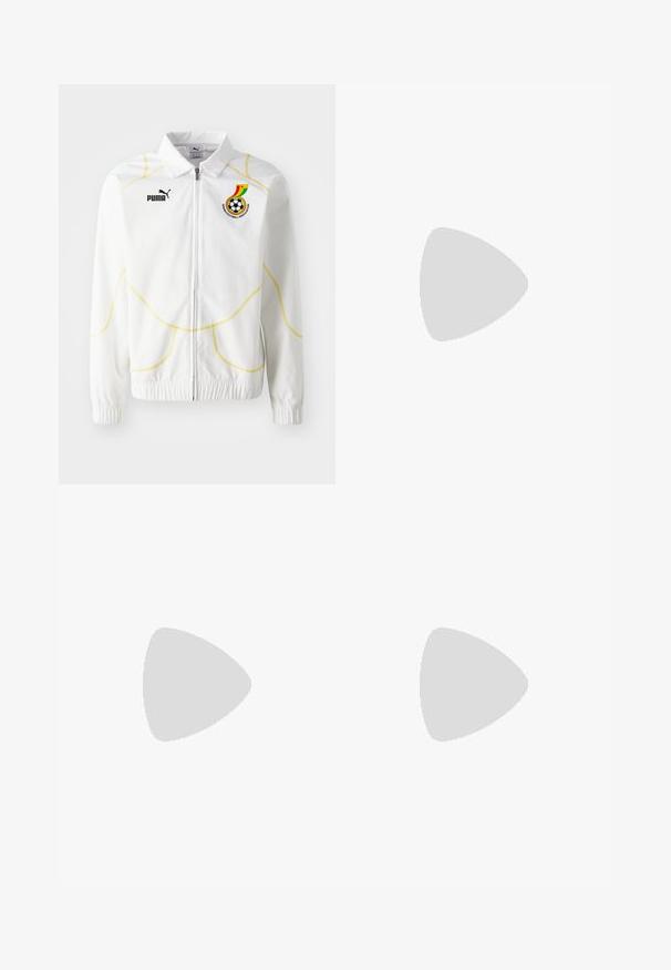 Weißer Zip-Up-Jacke mit gelber geometrischer Naht. Verfügt über das Puma-Logo und das Emblem des Ghana Football Association auf der linken Brust. Elastische Bündchen.; Weißes Baumwoll-T-Shirt mit Rundhalsausschnitt und kurzen Ärmeln. Verfügt über ein kleines schwarzes Puma-Logo auf der linken Brust. Glatte Textur, lässiger Schnitt.; Weiße Sportshorts aus leichtem Material, mit einem elastischen Bund und einem kleinen schwarzen Logo auf der unteren linken Seite.; Weiße Sportschuhe mit glatter Textur, roten Akzenten, perforierten Details und einem silbernen Akzent nahe den Schnürsenkeln; mit Ferrari-Logo an der Ferse.