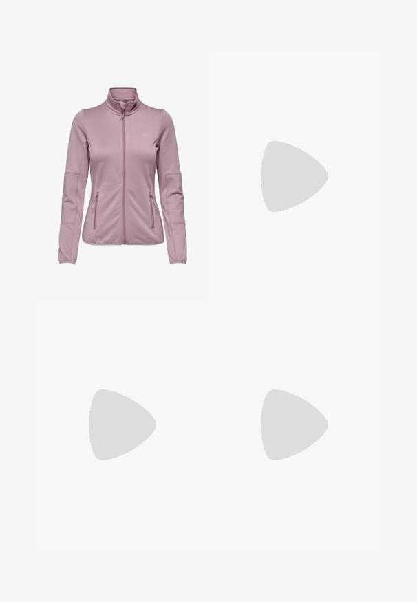 Lys pink zip-up jakke lavet af blødt, strækbart stof, med ribbede detaljer på ærmerne og to sidelommer.; Hvid bomulds T-shirt med korte ærmer, rund hals og et lyseblåt "NB" logo på venstre bryst. Glat tekstur og afslappet pasform.; Lavendel sweatpants med elastisk talje og snor, sidelommer og tapered manchetter ved anklerne. Blødt, glat stof.; Hvide sportssko med en mesh-overdel, der har en polstret krave, struktureret sål og "Fresh Foam" branding på mellemsålen.