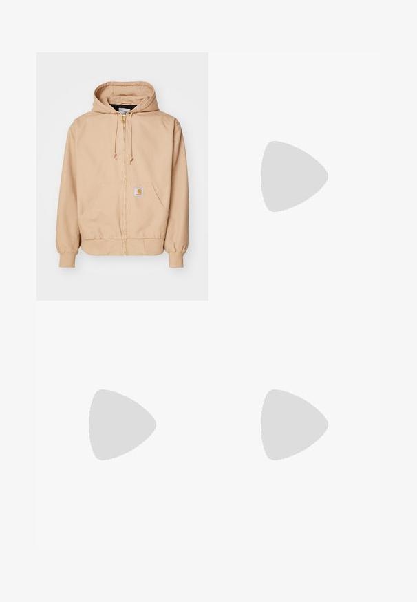 Carhartt WIP ACTIVE JACKET DEARBORN - Summer jacket - dusty brown; Carhartt WIP SANTA FE - Shirt - dusty brown; Light beige wide-leg pants made of cotton. Features front pockets and a button closure. Smooth texture with subtle vertical lines.; White leather sneakers with green Nike logo, round toe, flat sole, paired with light blue denim pants, shown on a blue carpet.