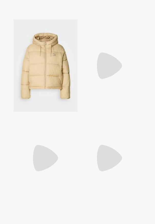 Light beige puffer jacket with a cropped design, zip front, and a hood. Features quilted texture and a small logo accent.; White short-sleeve t-shirt, crew neck, made of soft, smooth cotton fabric, with a straight hem and minimal detailing. Plain and versatile design.; Brown wide-leg pants made from cotton, featuring a drawstring waist and two front pockets. Textured fabric with a smooth finish.; Black leather knee-high boot with a pointed toe and a small heel. Features a sleek design with a gold accent detail. Smooth texture.