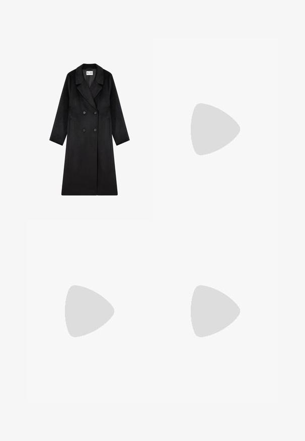 NA-KD Classic coat - black; Black long-sleeve shirt made from smooth fabric, featuring a pointed collar, front button closure, and a cropped hem with side slits.; Beige wide-leg trousers with a high waist, drawstring tie, and two side pockets, made from a smooth, lightweight fabric.; Black leather sandal with a slim design, thin straps, and a small heel. Features a buckle accent and a smooth textured footbed.; Black woven tote bag with two handles. Soft texture, slouchy design, and a large, rounded shape. No visible hardware or accents.