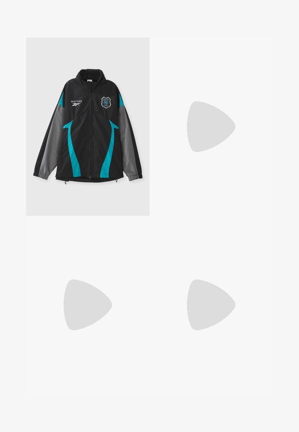 Black jacket with teal and gray accents, featuring a high collar, zip front, and logo patch on the chest. Smooth texture, sporty design.; Green and pink striped jersey with a V-neck, featuring the number 27 in black, “BOTTER” printed above, and “ANTWERP” at the bottom.; White shorts with black accents and red piping, featuring multiple black signatures. Includes a botter Antwerp logo on the left side.; Lightweight athletic shoes in cream with blue and black graphic patterns. Features slip-on design, elastic accents, and textured soles.