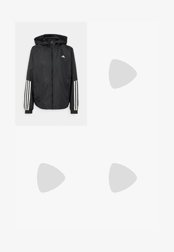 Black lightweight jacket with a hood, featuring a full zip front, elastic cuffs, and white three-stripe accents on sleeves.; White cotton t-shirt featuring a black Adidas logo in a triangular design on the chest, with short sleeves and a relaxed fit.; Black track pants with an elastic waistband, featuring white side stripes and subtle branding on the upper left leg. Lightweight material.; adidas Performance RAPIDMOVE ADVENTURE TRAINER - Training shoe - purple burst/sonic fuchsia/footwear white