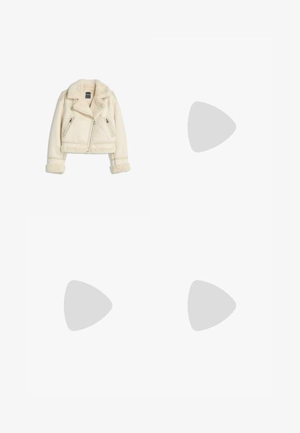 Korte lichtbeige nepbontjasje met een brede kraag, twee ritszakken op de borst en met bont gevoerde manchetten en zoom. Accenten van zilveren hardware.; Lichtroze overhemd met knopen en een gestructureerd patroon, lange mouwen, een borstzak en een klein logo-label op de zak.; Khaki shorts met een brede pijpdesign en een luipaardprint tailleband. Voorzien van zakken aan de voorkant en een knoopsluiting. Glad, gestructureerd stof.; Witte leren sneaker met zwarte strepen en grijze accenten, met een afgeronde neus en een gumrubberen buitenzool. Klittenbandsluiting en veters.; Witte handtas met een glad, glanzend oppervlak, gebogen vorm en een enkele verstelbare schouderriem. Heeft een logo dat aan de voorkant is geperst.