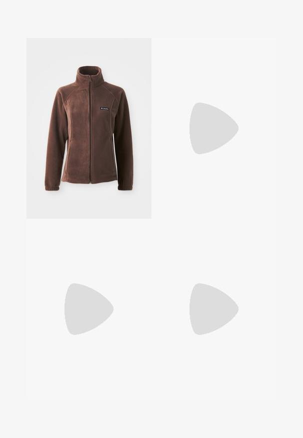 Columbia BENTON SPRINGS™ FULL ZIP - Jakna od flisa - tobacco; T-shirt boje breskve s kratkim rukavima, izrađena od mekog materijala. Ima grafički print s "O'Neill" logotipom na prednjoj strani. Opušteni kroj.; Khaki pamučne hlače ravnog kroja s prednjim kopčanjem na gumb, dva bočna džepa i minimalnim brendiranjem sprijeda.; Roza ante sneaker s tri žute pruge, okrugli nos i teksturirana guma potplat. Nizak profil s jastučićem oko gležnja.