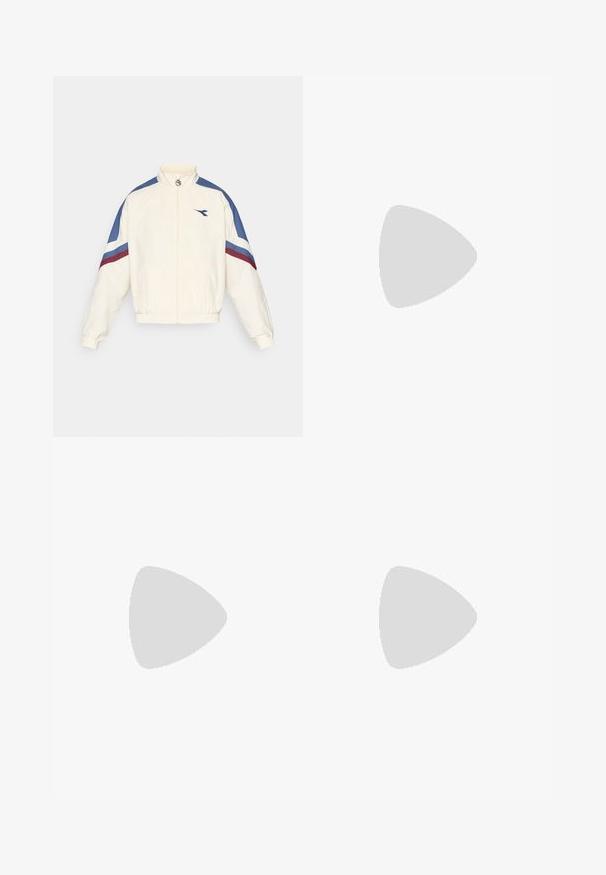 Weißes Jacket mit blauen und kastanienbraunen Akzenten, mit Reißverschluss vorne, hohem Kragen, elastischen Bündchen und Saum. Mit einem Logo auf der linken Brust.; Weißes Poloshirt mit navyfarbenem Kragen, ausgestattet mit einem gelb- und navyfarbenen horizontale Streifen über der Brust und einem kleinen Logo auf der linken Seite.; Nike Pro-Hosen in Dunkelgrau, mit einem schwarzen elastischen Bund, auf dem "PRD" und "NIKE PRO" steht. Sie bestehen aus glattem Material, haben eine taillierte Passform und dezente Stichdetails.; Nike Performance VOMERO 18 RUN - Laufschuh Straße - summit white/black/college grey/vast grey/sequoia/sail