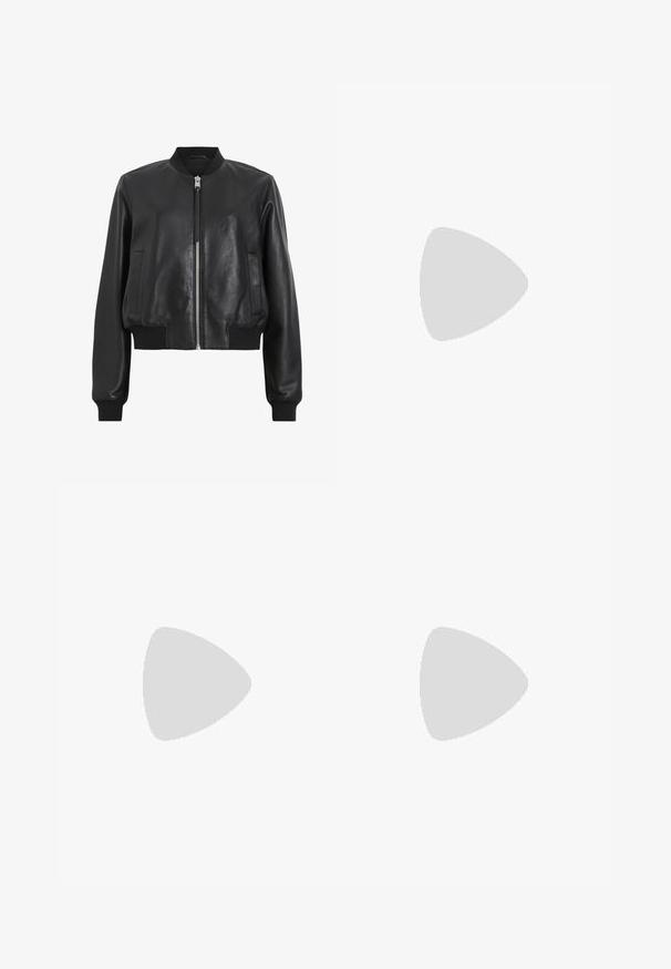 Black leather bomber jacket with a front zipper, ribbed collar and cuffs, featuring two side pockets. Smooth texture and cropped design.; Black tank top made of ribbed fabric, featuring a scoop neckline and a fitted shape. Flat seams and no embellishments. Simple and sleek design.; Dark blue wide-leg jeans in denim fabric with a high waist, featuring orange stitching, five-pocket design, and a button closure.; Woman wearing a brown sequined midi skirt and dark brown crocodile-textured Mary Jane heels standing on marble stairs.; Gold-tone hoop earrings with a smooth, polished finish. Features a curved design and a small accent near the post for added detail.