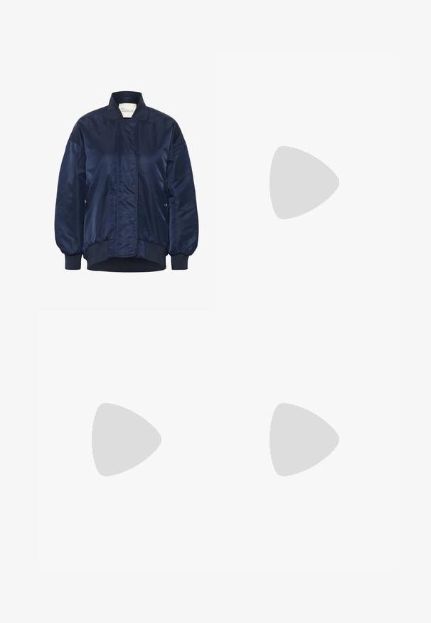 Navy bomber jacket, shiny fabric, ribbed cuffs and hem, front snap closure, side pockets, quilted detailing on body.; someday. LANGARM KESINE - Long sleeved top - ocean; Light blue denim jeans with a straight cut, five-pocket design, and a button fly. Features subtle fading and orange stitching accents.; Tan suede ankle boots with a soft texture, stitched detailing, and a rubber sole, featuring a looped heel for easy wear.
