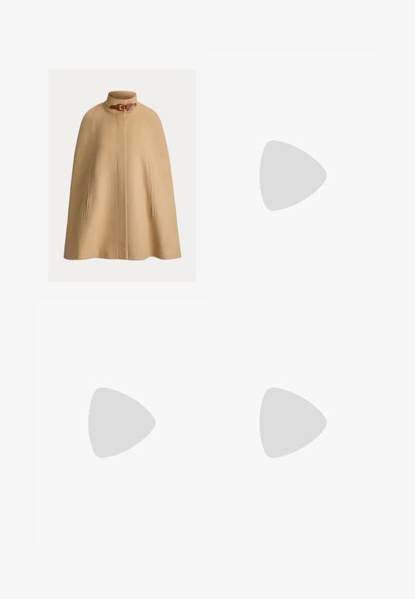 Beežist villakappa kõrge kraega, kinnituse detailide ja kahe küljetaskuga. Sile tekstuur ja sirge, põlvepikkune lõige.; Valge linane särk nupuga, lühikeste kergete varrukatega, krae ja ümar hem. Omab heledat tooni nuppe.; Tumesinised teksapüksid, millel on reite välimisel küljel lõigatud detailid, sirge sääremustriga ja õmbluste ääres kontrastne tikkimine.; Kruusaga tossud beežis ja tumeses pruunis, koos nahkdetailide, valgete paelte ning väikese kuldse MK ripatsiga küljes.