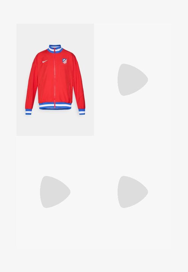 Jachetă sport roșie cu fermoar, cu manșete și tiv în dungi albastre și albe, având un logo Nike și emblema clubului pe pieptul stâng.; Tricou sportiv roșu cu dungi verticale albe, modele uzate și un logo al clubului pe piept. Fabricat din material respirabil.; Pantaloni atletici navy, dintr-un material ușor, cu un logo Nike galben și un emblema a clubului cu dungi roșii și albe. Inclusiv o talie elastică.; Sneaker din piele neagră, cu o suprafață texturată, swoosh alb de la Nike, talpă gri, bot rotund și sistem de șireturi. Prezintă perforații în zona vârfului.