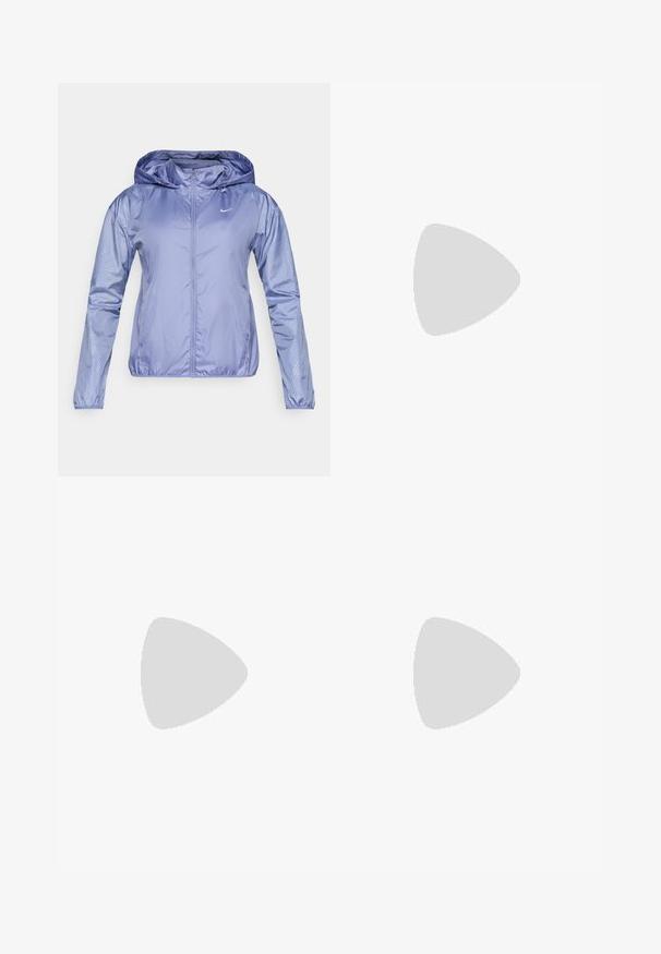 Lightweight, hooded jacket in light purple, with a smooth, shiny texture. Features dotted pattern on sleeves and a front zipper.; Light blue long-sleeve zip-up top made of smooth, stretchy material. Features a high collar and a small logo on the left chest.; Blue cotton blend joggers with elastic waistband, black drawstring, side pockets, ribbed cuffs, featuring a Paris logo and Nike swoosh.; Nike Performance DOWNSHIFTER 13 - Road running shoes - sail/silver-coloured photon dust/summit white/barely volt/black