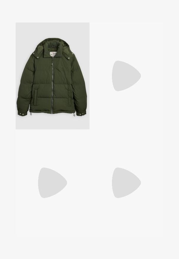 Dark green puffer jacket with a removable hood, zip closure, front pockets, and adjustable elastic hem; features quilted design and smooth texture.; White short-sleeve t-shirt made of soft cotton. Features a round neckline and a straight hem with minimal detailing.; Black straight-leg denim jeans with five pockets, button closure, and belt loops, laid flat on a white background.; Black leather dress shoe with a round toe, lace-up design, and a low stacked heel. Smooth texture with minimal stitching details.