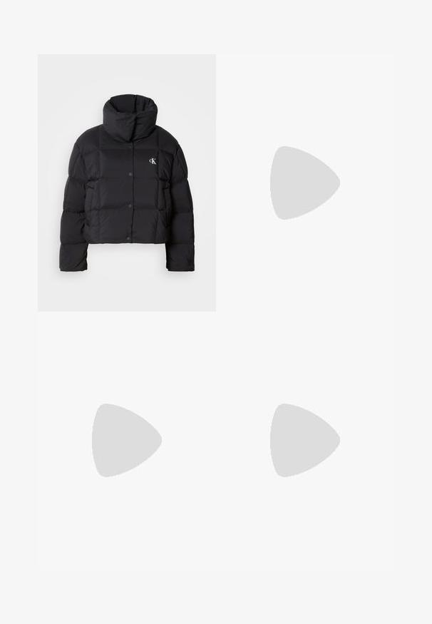 Black puffer jacket with a cropped design, high collar, and button closure. Made from glossy, insulated material featuring quilted sections.; Brown knit sweater with a high turtleneck, dropped shoulders, and ribbed cuffs and hem. Soft texture, cropped design.; Black wide-leg jeans made of denim, featuring a high-rise waist, five-pocket styling, and a metal button closure with contrasting stitching.; Black leather loafers with a rounded toe, thick textured sole, and minimal stitching details. Sleek design with no visible laces or hardware.