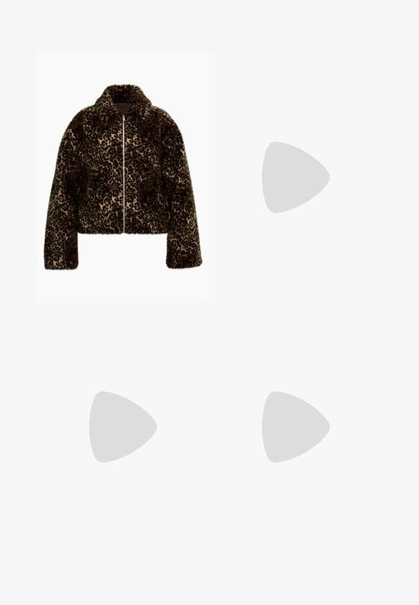 Faux fur leopard print jacket with a cropped design, long sleeves, and a front zipper. Features a collared neck and varied brown tones.; Burgundy long-sleeve bodysuit made of smooth, stretchy fabric; features a rounded neckline and a thong bottom with a snap closure.; Light blue high-waist wide-leg jeans with front button and zip closure, front and back pockets, on a white background.; Navy blue sneaker with a textured fabric upper, white platform sole, rounded toe, and black heel accent. Features six eyelets for laces.