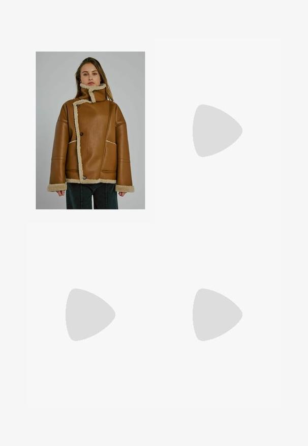 Woman wearing a tan shearling-lined leather jacket with asymmetrical button closure and high collar, standing against a plain gray background.; Burgundy knitted cardigan with a round neckline, button front, and ribbed hem. Features textured patterns and balloon sleeves.; White long-sleeve shirt made of ribbed fabric, featuring a round neckline and fitted shape. No patterns or accents are present.; Wide-leg denim trousers in light blue, featuring a high waist, front button closure, and subtle fading along the fabric for texture.; Black winter boot with a textured fabric upper, faux fur trim, lace-up front, and rubber outsole for traction. Features a zigzag pattern.; Marie Lund Scarf - taupe; Brown suede bucket bag with a single shoulder strap and a removable crossbody strap. Smooth texture and minimalist design with no visible hardware.