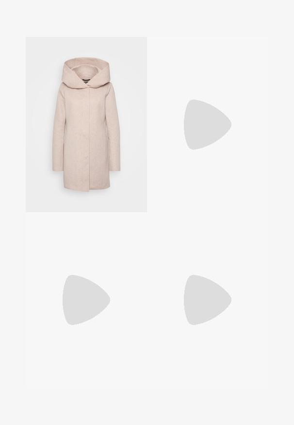 Light beige coat with a large, structured hood. Made of soft fabric, featuring a front opening and long sleeves. Smooth texture and simple design.; Three fitted T-shirts in white, gray, and black. Each features a wide scoop neckline and short sleeves. Made from smooth, stretchy fabric.; Light blue wide-leg trousers with vertical white and red stripes, featuring a belt loop waistband and side pockets.; Black canvas high-top sneakers with white rubber soles and laces. Features a circular logo on the side and contrasting white stitching.; Black oversized sunglasses with a geometric design, rectangular lenses, and glossy finish. No visible branding on the front.