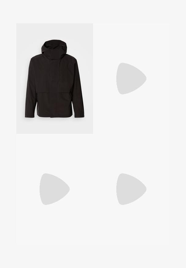 Must alasi kapuutsiga jakk, millel on minimalistik disain, lukuga sulgemine ja kaks eesmist taskut. Valmistatud siledast ja kergest kangast.; Kreemjas puuvillane T-särk, millel on ümmargune kaelus. Lühikesed varrukad ja mugav lõige. Kaelusel on väike logo. Sile tekstuur.; Beez ribade püksid, millel on kinnitatud vöökoht, esiplekid, väike nööpkoht ja kitsenevad jalad. Pehme tekstuur.; Bež spordijalats mustade triipudega, kummitallaga ja mustade aktsentidega. Omab siledat nahast pealist ja ümarat varba disaini.