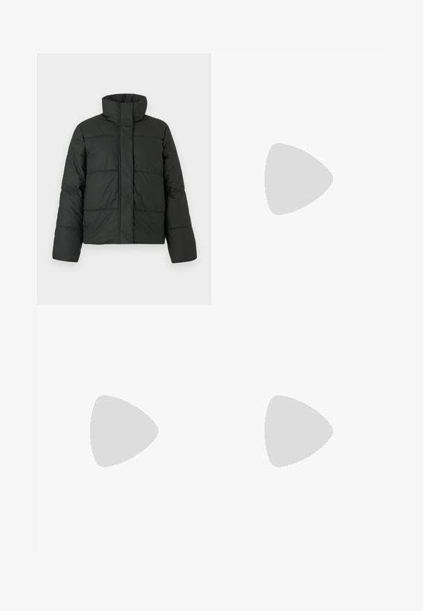 Black puffer jacket with a high collar, quilted design, and long sleeves. Made from smooth fabric, featuring a front zip closure.; Khaki short-sleeve t-shirt made of soft fabric. Crew neckline; straight hem. Minimalist design with no visible patterns or accents.; Light blue denim wide-leg jeans with a high waist, featuring front pockets and stitched detailing. The hem is rolled and sewn.; White sneakers with black stripes and beige suede accents. Feature a textured gum sole and flat white laces, worn with light-colored socks.