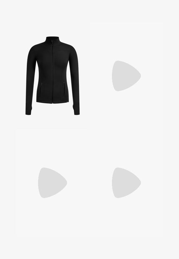Giacca nera con zip e maniche lunghe, dotata di colletto alto, due tasche frontali e un design aderente e liscio. Realizzata in tessuto elastico.; T-shirt nera cropped con maniche corte, scollo rotondo, realizzata in tessuto liscio. Design minimalista senza motivi o accenti visibili.; Pantaloni yoga neri a campana in tessuto elasticizzato, con una cintura ampia e un piccolo logo vicino all'anca. Texture liscia, senza motivi.; Sneakers Nike P-6000 con una toma superiore in mesh grigio chiaro, accenti neri e una resistente suola in gomma nera. Dotati di un design intricato e di un sistema di allacciatura.