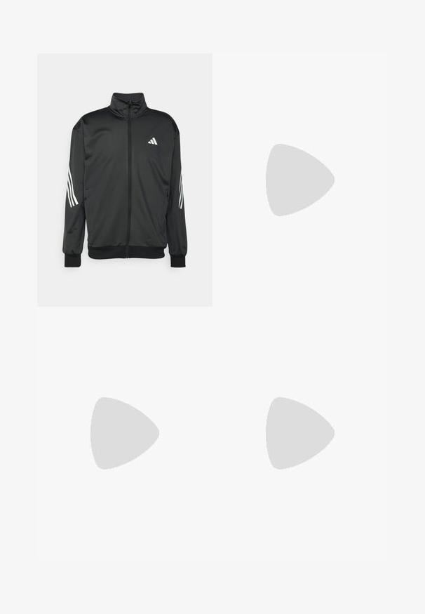 Veste de sport noire avec col haut, zip intégral, poches zippées et accents blancs à trois bandes sur les manches. Tissu lisse et léger.; T-shirt en coton blanc avec un logo Adidas noir sur la poitrine, à manches courtes, un col rond et des fentes sur les côtés à l'ourlet.; Pantalons de sport noirs avec une taille élastique, des jambes fuselées et des accents blancs sur les côtés. Fabriqués à partir de matériau synthétique avec une texture lisse.; Baskets de sport noires avec tige en mesh respirant, accents blancs et semelle rembourrée. Présente le logo à trois bandes sur le côté.