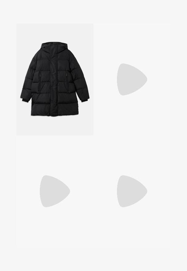 Black puffer coat with a hood, featuring zippered pockets, quilted design, and ribbed cuffs. Waterproof material for warmth and protection.; Ribbed knit dress with long sleeves, featuring horizontal stripes in blue, red, brown, green, cream, and orange. Fitted silhouette, floor-length.; Black leather open-toe mule with a sleek, curved design, high stiletto heel, and smooth texture. The interior features a contrasting light color.; Beige, soft-textured bag with a unique twisted handle and diagonal seam detail. Minimalist design with a round accent at the base.
