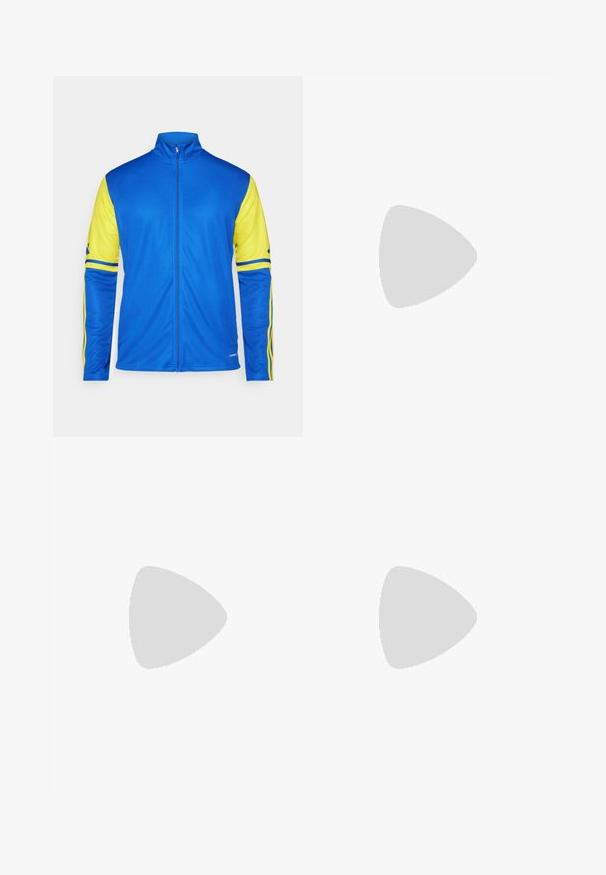 Casaco de pista azul com mangas e riscas amarelas. Apresenta um colarinho alto, fecho de correr completo e uma textura suave adequada para vestuário desportivo.; T-shirt preto feito de algodão, com mangas curtas, apresentando riscas brancas nos ombros e um logótipo branco no lado esquerdo do peito.; Calças de treino cinzentas com um corte afunilado, apresentando painéis laterais pretos e um logo laranja da Adidas na parte superior da perna direita. Material macio e elástico.; Shoe atlético branco com parte superior em malha texturizada, riscas pretas, fecho de atacadores e sola almofadada, a flutuar acima de uma superfície de estrada marcada.