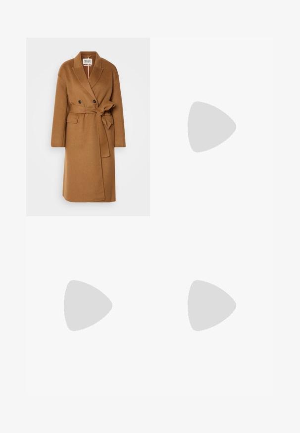 Brown wool coat with a double-breasted design, notched lapels, side pockets, and a tied waist detail. Smooth texture, knee-length cut.; Black cropped hoodie made of soft fabric, featuring a drawstring hood, front kangaroo pocket, and a small white Nike logo on the chest.; Dark blue high-waisted denim pants with wide legs, two side pockets, contrasting orange stitching, and a clean hemline.; Brown leather ankle boot with black padding, gold eyelets, and a textured sole. Features a circular logo on the side and stitching accents.