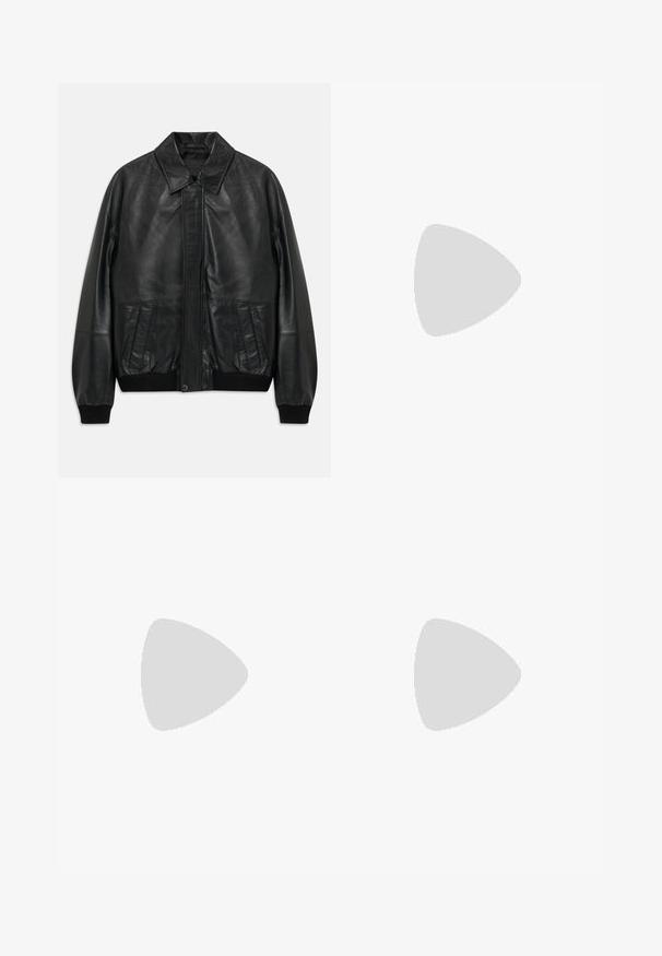 Črna usnjena jakna s sprednjimi žepi, rebrastimi manšeti in pasom, ki ima poudarjen ovratnik in skrito sprednjo zapiranje.; Mornarsko modra pulover s okroglo bezno, rebrastimi manšetami in robom. Izdelan iz mehkega pletenega materiala, z enostavnim, klasičnim dizajnom.; Temno modri denim kavbojke s ravno krojem, ki vključujejo pet žepov, gumbno zapiranje in kontrastne šive.; Modri nubuk superge z zaobljenim prstom, belimi vezalkami in gumijastim podplatom. Opremljene so z diskretnim šivanjem in branded poudarkom na strani.