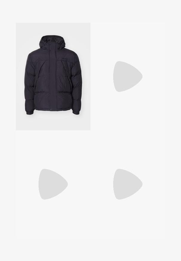 Black puffer jacket with a hood, featuring a slightly shiny texture, quilted design, and front buttons. Timberland logo on the chest.; Carhartt WIP HOODED CHASE - Sweatshirt - sycamore tree/gold; Corduroy wide-leg pants in a tan color. Features textured, vertical ridges, with a standard waistband and two front pockets.; Black and white Nike Dunk sneakers featuring a leather upper, perforated toe, black laces, and a black rubber sole with tread design.