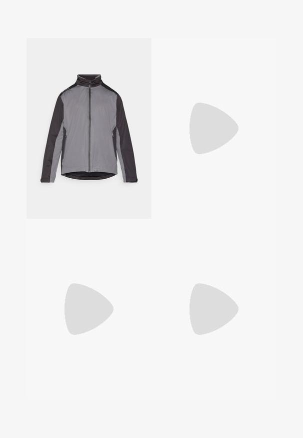 Γκρι και μαύρο ελαφρύ μπουφάν με ψηλό γιακά, φερμουάρ, πλαϊνές τσέπες και αντίθετα πάνελ στους μανίκια. Ομαλή υφή σε όλη την επιφάνεια.; Μαύρο πόλο μπλουζάκι �από λείο ύφασμα με γιακά, τριπλό κούμπωμα και κοντά μανίκια; διακριτική ραφή κατά μήκος των ώμων.; Γκρι παντελόνι από μαλακό ύφασμα. Διαθέτει εφαρμοστή γραμμή με flat μπροστά μέρος, τρυπίτσες για ζώνη και κλείσιμο με κουμπί. Κλασικός σχεδιασμός.; Λευκό αθλητικό παπούτσι με λείο άνω μέρος, γκρι λεπτομέρειες και υφή μαύρης σόλας με πορτοκαλί αγκάθια. Ελαφριά σχεδίαση εστιασμένη στην άνεση.