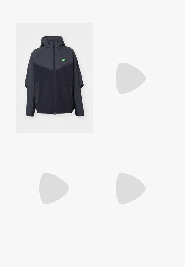 Chaqueta ligera en negro y gris oscuro con capucha, que presenta un logo de Nike en verde, bolsillos con cremallera y un diseño aerodinámico y deportivo.; Camiseta blanca de algodón con mangas cortas, que presenta un parche de logo verde en la parte superior izquierda. La tela tiene una textura suave y lisa.; Pantalones de chándal negros con cintura elástica, de corte holgado, con puños en los tobillos, textura suave y sin patrones visibles ni acentos metálicos.; Zapatillas deportivas negras con tejido texturizado y suelas de goma, con cordones elásticos y un acento azul en el talón. Combinadas con pantalones de mezclilla claros.