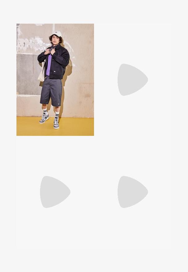 Black jacket, purple shirt, gray shorts, and gray sneakers. Accessories include a white cap and a black bandana. Cotton materials, casual design.; Black cotton t-shirt, oversized design, short sleeves, featuring a yellow embroidered logo on the left chest. Smooth texture, casual style.; Olive green cargo pants with an elastic waistband, drawstring, and side pockets. The fabric appears soft with a smooth texture.; Nike Dunk sneakers feature a black leather design with red accents and a white swoosh. The sole is red, with a textured white toe cap.