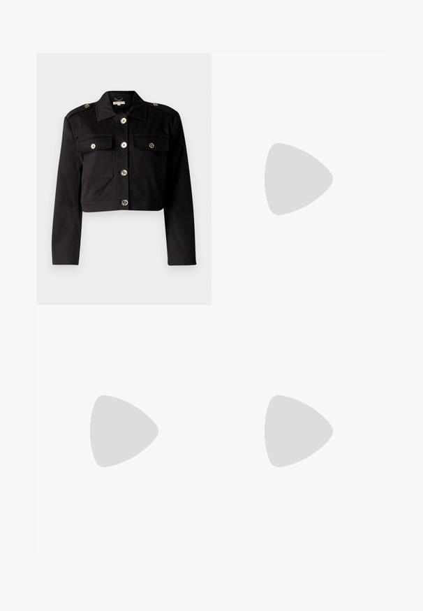 Black cropped jacket in sturdy fabric featuring gold-tone buttons, two chest pockets, and shoulder epaulets for added detail.; White cropped shirt with long sleeves, button-down front, and classic collar. Smooth fabric with structured cuffs and minimalist design.; Light blue quilted skirt with a diamond pattern, featuring two side pockets and a straight hem. Made from a textured fabric.; Black leather high heel shoe with a pointed toe and a metallic silver cap. Features a smooth finish and a slender 10 cm heel.