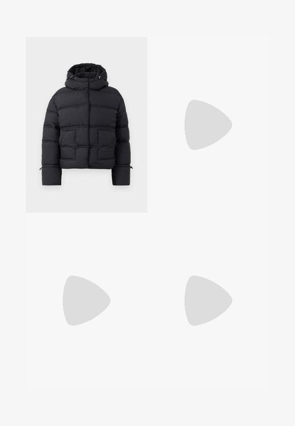 Black padded jacket with a high collar, two front pockets, and drawstring hood. Features quilted design and ribbed cuffs for added warmth.; White cotton t-shirt, short sleeves, crew neck, featuring a small logo on the front and a black accent on the left sleeve.; Black denim flared jeans featuring a high waist, five-pocket design, and metallic button accents on the sides. Smooth texture and classic fit.; Black suede high heel shoe with a pointed toe and a slim, low heel. Smooth texture with a sleek design, featuring no visible hardware.