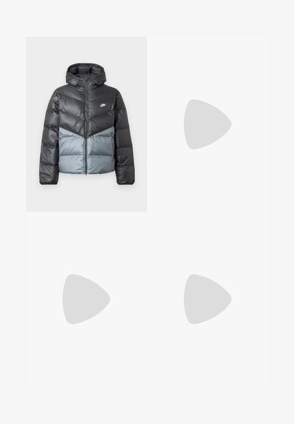 Padded jacket with a hood, featuring a color block design in dark gray and light gray, zip closure, and logo on the chest.; Šviesiai smėlinis medvilninis marškinėliai su apvaliomis iškirpėmis, trumpomis rankovėmis ir mažuoju siuvinėtu Nike logotipu oranžine spalva ant krūtinės. Šiek tiek laisvas kirpimas.; Bežiniai kordūrojo šortai su elastinga juosta ir raišteliu, turintys subtilų vertikalų grublėtą tekstūrą ir mažą etiketę šone.; Baltos sportinės bateliai su tekstūruotais uždengimais, masyviu padu ir pilkais akcentais. Dėvimi su baltais trumpais kojiniais ir žaliais šortais mėlyname paviršiuje.