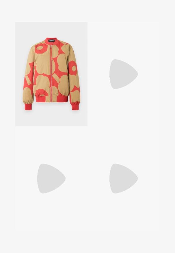 Bomber jacket with a beige and red floral pattern, featuring a zipper closure and ribbed cuffs. Made from a smooth fabric.; Navy blue top with abstract light yellow and white patterns. Features a rounded neckline and a small patch pocket on the front.; Wide-leg pants in black and white floral pattern, featuring a drawstring waist and smooth texture, with large stylized flower designs.; Black leather ankle boot with a pointed toe, a geometric stacked heel, and a pull tab at the back. Smooth texture and sleek design.