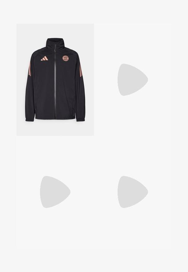Sort zip-up jakke med høj krave, prydet med et FC Bayern München-logo og pink tre-striber på ærmerne. Letvægtsmateriale.; Grå atletisk T-shirt med korte ærmer, hvide detaljer, Adidas-logoet og Real Madrid-emblemet på venstre bryst. Letvægtsstof.; Sorte træningsbukser med en elastisk talje, der har reflekterende hvide detaljer i et stribet mønster på underbenene. Fremstillet af et glat stof.; Sorte atletiske sko med et let design, der har tre fremtrædende grå striber, en glat overflade og en formet sål.