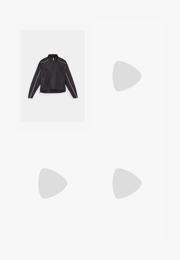 Veste légère noire avec une fermeture éclair à l'avant, un col haut et des bandes réfléchissantes blanches le long des épaules et des côtés. Deux poches zippées.; Top court à manches longues blanc avec un décolleté en V profond et un design à l'avant torsadé, fabriqué à partir d'un tissu lisse et extensible.; Leggings noirs en tissu extensible, dotés d'une taille haute, d'une texture lisse et d'un ajustement serré. Pas de motifs visibles ni de matériel.; Chaussure de course légère avec une tige en maille grise et blanche, un logo 'N' bien en évidence et une semelle intermédiaire jaune avec des accents angulaires. Semelle extérieure noire.
