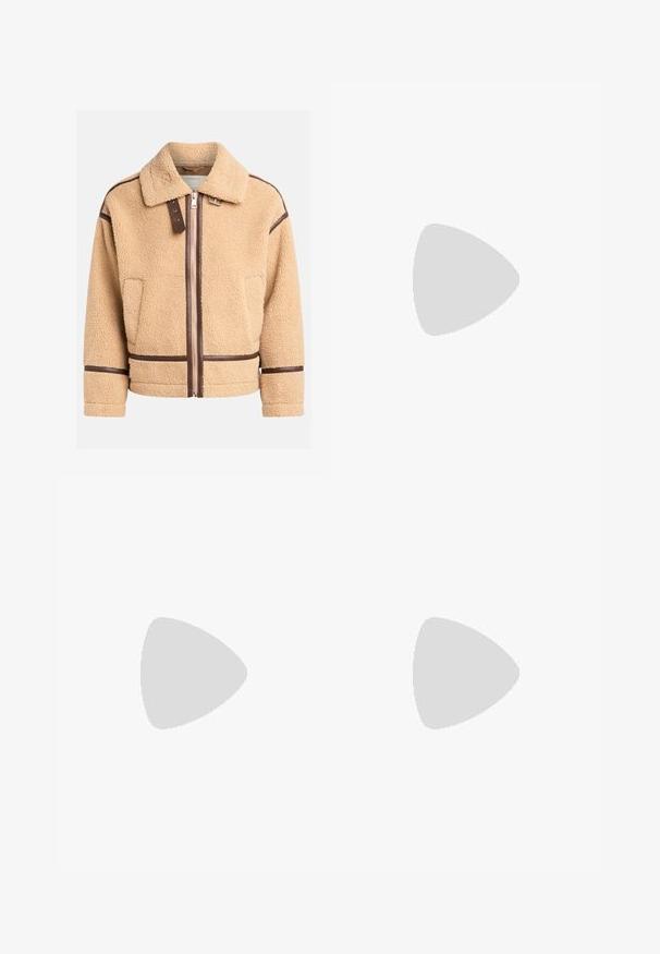 Tan faux shearling jacket with a zippered front, brown leather accents, and a collar. Features a boxy design and stitched detailing.; Black cotton t-shirt with a crew neckline, short sleeves, and a straight cut. Features minimal stitching and a soft, smooth texture.; Black sweatpants with an elastic waistband, relaxed fit, straight legs, and no visible patterns or hardware. Soft texture, casual design.; Tan suede ankle boot with black padded collar, gold metal eyelets, white stitching detailing, and rugged rubber sole with pronounced treads.; Black leather shoulder bag with a zip closure, featuring a textured body, white stitching, and a strap with silver grommets.