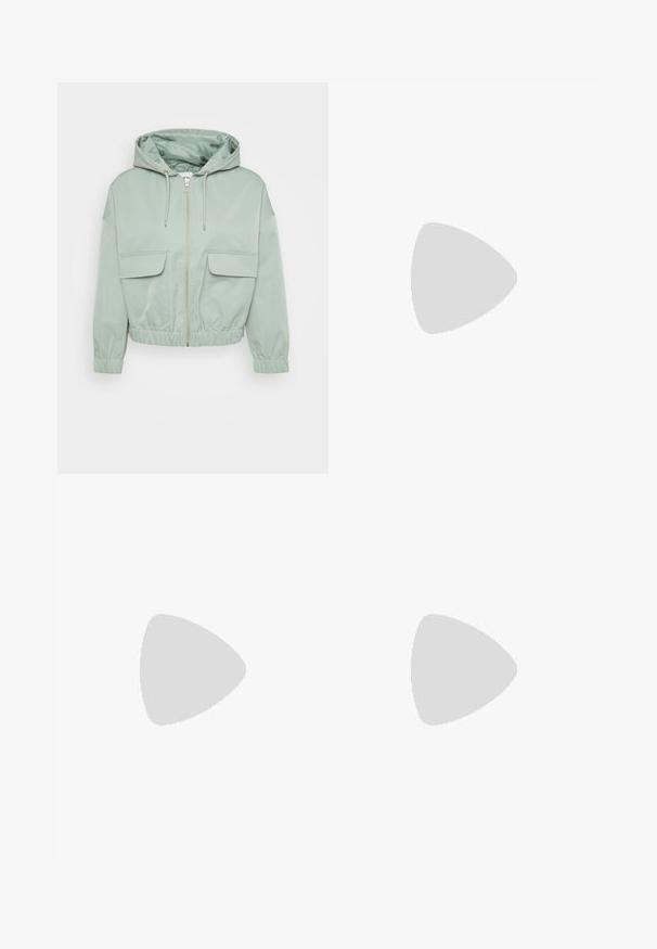 Mint green cropped jacket with a hood, zip closure, elastic cuffs, and two front flap pockets. Smooth fabric with a shiny inner lining.; Even&Odd Petite 3 PACK - Long sleeved top - black/white/light green; Ribbed, straight-leg trousers in a muted olive green color. Features a wide waistband and soft, textured fabric.; Black ankle boots with a glossy finish, square toe, and a thick block heel. The design features a seamless silhouette and minimal branding.