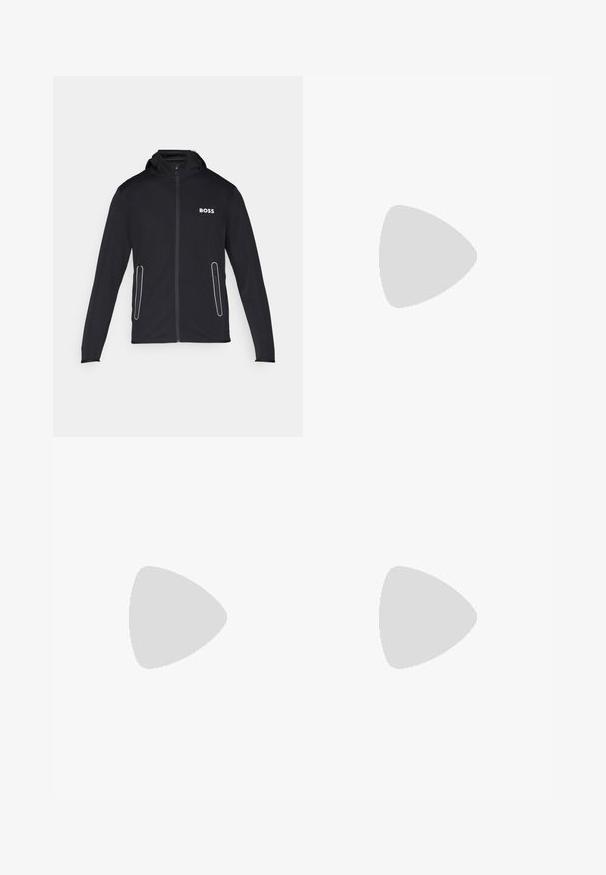 Black hooded jacket made of soft fabric, featuring zippered pockets and white "BOSS" logo on the chest. Smooth texture and fitted design.; White athletic t-shirt with short sleeves, featuring a black "BOSS" logo and thin orange and gray lines across the front. Smooth texture.; Blue, lightweight swim shorts with an elastic waistband, smooth texture, and side pockets. Simple design without patterns or accents.; Black athletic shoe featuring a textured upper, three horizontal stripes, and a white sole with a patterned tread. Lightweight and streamlined design.