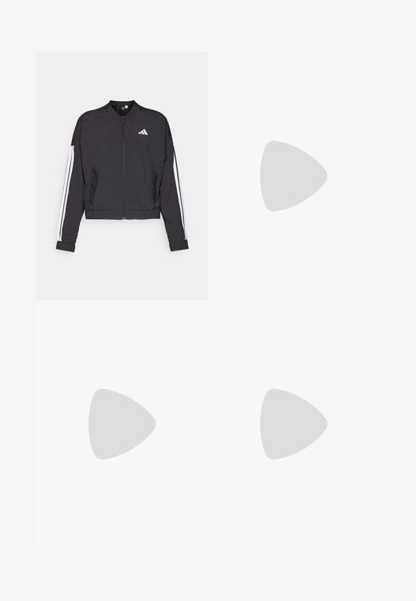 Giacca nera corta realizzata in tessuto leggero, con chiusura a zip frontale, strisce bianche lungo le maniche e un piccolo logo bianco sul petto.; Crop top grigio chiaro a maniche lunghe realizzato in un tessuto elasticizzato, con motivi testurizzati e scollatura rotonda con finitura liscia.; Pantaloni sportivi bianchi con cintura elastica e cordino regolabile. Realizzati in materiale leggero, presentano tasche laterali e una vestibilità ampia.; adidas Performance PUREBOOST 5 - Scarpe da corsa su strada - white/glow blue/purple burst