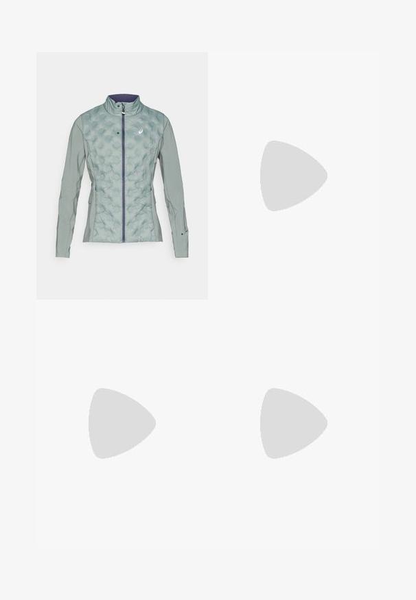 Light green jacket with a quilted texture on the front and smooth fabric on the sleeves, featuring a high collar and zipper closure.; Black short-sleeve t-shirt made of soft fabric, featuring a small gray New Balance logo on the upper left chest, classic crew neck design.; Black athletic capri leggings with a smooth texture, stretchy fabric, high waistband, and a small white logo on the left side.; Lightweight running shoe with a grey and white mesh upper, a prominent 'N' logo, and a yellow midsole with angled accents. Black outsole.